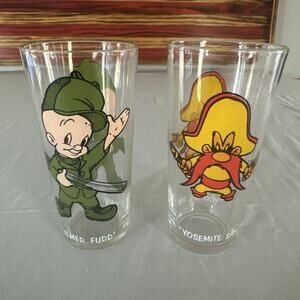 Vintage 1973 Elmer Fudd & Yosemite Sam Glass Looney Tunes Pepsi Collector Series